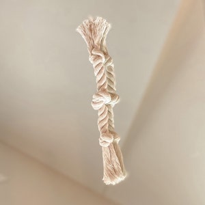 May include: A white cotton rope dog toy with two knots and tassels at each end.