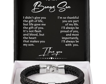 Personalized Leather Bracelet for Bonus Son – Custom Engraved Gift from Step Mom Step Dad , Meaningful Love Message Bracelet, Birthday Gift