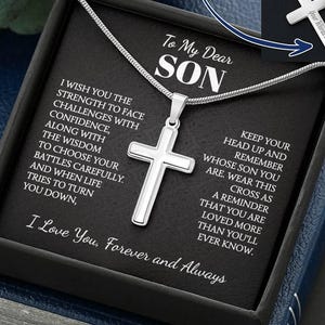 To My Son- Remember Whose Son You Are Waterproof Engraved Cross Necklace Gold Finish or 316L stainless steel, Adjustable Chain
