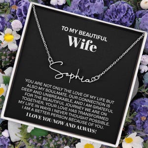 To My Wife handtekening stijl naamketting met tekstkaartje en mahonie stijl geschenkdoos, cadeau voor vrouw, vrouw cadeau, ketting voor vrouw