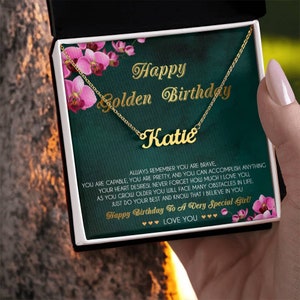 Joyeux anniversaire doré, collier prénom personnalisé, collier cadeau d&#39;anniversaire en or, bijoux d&#39;anniversaire en or, cadeau pour un anniversaire d&#39;or