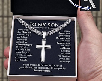 To My Son Waterproof Engraved Cross Necklace -Waterproof Engraved Cross Necklace From Mom Dad- Adjustable Chain