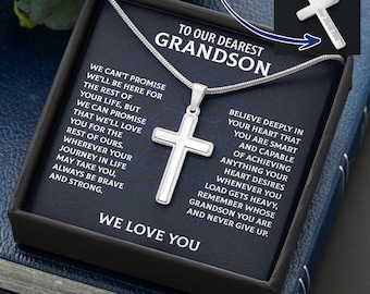 To Our Dearest Grandson Waterproof Gold Cross Necklace for Man, Meaningful Message Gift to Groom from Grandparent