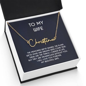 Le collier prénom style signature à ma magnifique femme avec une carte de message personnalisée, cadeau d'un mari, cadeau pour femme, collier pour femme
