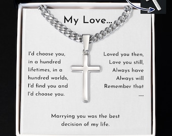 Personalized Gift To My Man, My Love Silver Engraved Cross with Heartfelt Message,Men Waterproof Necklace , Guy Gift for Him Anniversary