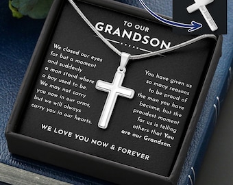 To Our Grandson Waterproof Gold Cross Necklace for Man, Meaningful Message Gift to Grandson from Grandparent