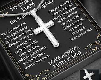 To Our Son On Your Wedding Day Waterproof Silver Engraved Cross Necklace for Men / Adjustable Chain / Groom Gift from Parent