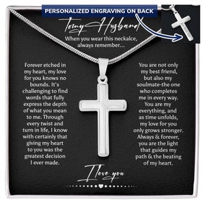 Collar con cruz personalizado para mi esposo de parte de mi esposa, mi alma gemela, collar con cruz con tarjeta de mensaje en una caja de regalo, collar con cruz para hombres