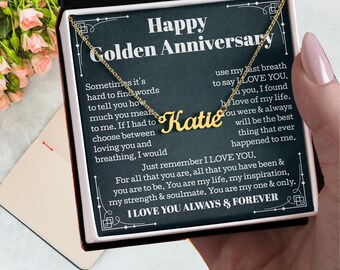 Golden Anniversary Gift for Girlfriend, Golden Anniversary Name Necklace for Wife anniversary gift for her, Golden Wedding Anniversary