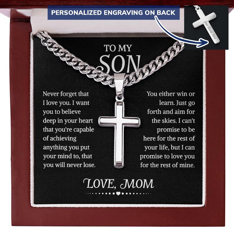 To My Son From Mom Cuban Chain With Artisan Cross Necklace, Mother and