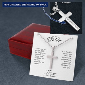 Cadeau voor stiefzoon Gepersonaliseerde kruisketting, stiefzooncadeau, stiefzooncadeau Berichtkaart Stijlen geschenkdoos Op verjaardag Afstuderen Verjaardag