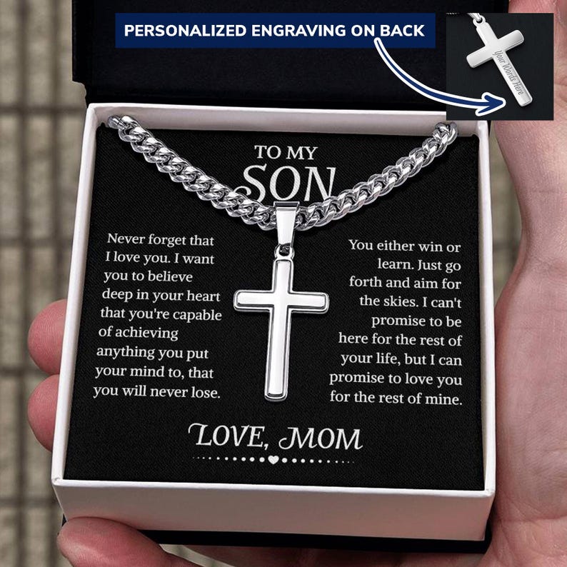 To My Son From Mom Cuban Chain With Artisan Cross Necklace, Mother and