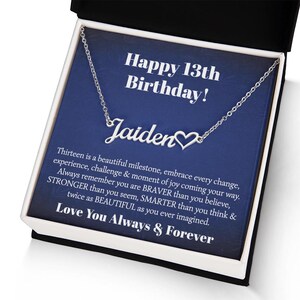 Collar con nombre de corazón personalizado para cumpleaños número 13, regalo de cumpleaños número 13, collar elegante con tarjeta de felicitación y caja de regalo, regalo perfecto