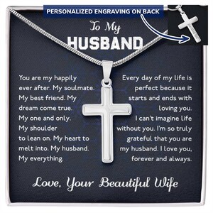 To My Husband - Das perfekte Jubiläums- oder Geburtstagsgeschenk: eine Halskette mit einem gravierten Männerkreuz, das für Liebe, Stärke und Vertrauen steht