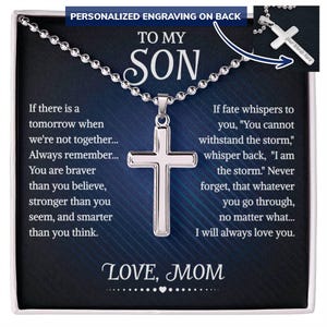 To My Son Gepersonaliseerde kruisketting van moeder, met berichtkaart en geschenkdoos, kettingen voor verjaardag, jubileum, kerstketting