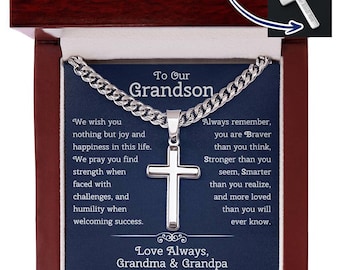 To Our Grandson Gift from Grandma and Grandpa • To Our Grandson Necklace • Cuban Chain With Artisan Cross Engraved Necklace Message Jewelry