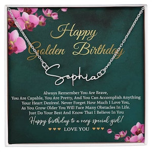 Goldene Geburtstagsgeschenk Halskette • Alles Gute zum Goldenen Geburtstag • Sinnvolles Geschenk für Sie • Benutzerdefiniertes Geburtstagsgeschenk • Signature Style Name Halskette