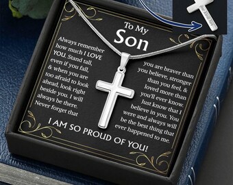 To Our Son Waterproof Silver Engraved Cross Necklace for Men / Adjustable link style chain for guys/ Back to school, Gift from Mom and Dad