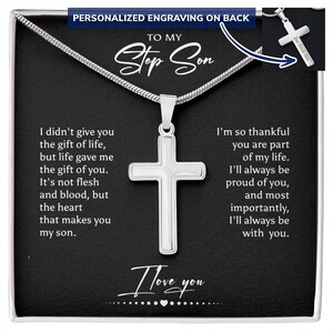 Aan mijn stiefzoon gepersonaliseerde kruisketting, stiefzoon verjaardag, Kerstmis voor hem, stiefzoon cadeaukaart en geschenkdoos stijlen op verjaardag