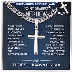 Cubaanse ketting aan mijn liefste neef met ambachtelijke kruisketting, neef cadeau voor mannen, berichtenkaart neef sieraden, ketting voor neef