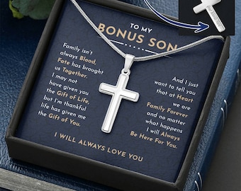 To My Bonus Son Cross Necklace, Inspirational Gift For Stepson, Unique Grown Up