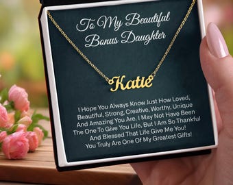 Bonus Daughter Signature Style Name Necklace, Step Daughter Gift, Stepdaughter Necklace, 18K yellow gold finish Adjustable chain