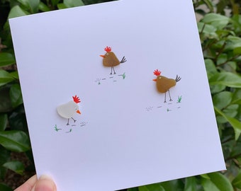 Greetings card with sea glass chickens: birthday card