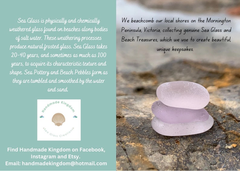 May include: Three pieces of smooth, frosted sea glass in shades of light purple, stacked on top of each other. The sea glass is on a textured, brown surface. The image includes the text "Handmade Kingdom Sea Glass Creations".