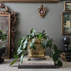 May include: A brass-coloured, ornate planter with a detailed floral design, resting on three small feet. The planter is filled with green leafy plants, and sits atop a stack of books. Decorative framed art and mirrors are in the background.