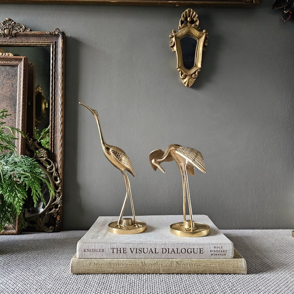 vintage Mid century tall brass detailed crane heron bird sculptures statues good luck