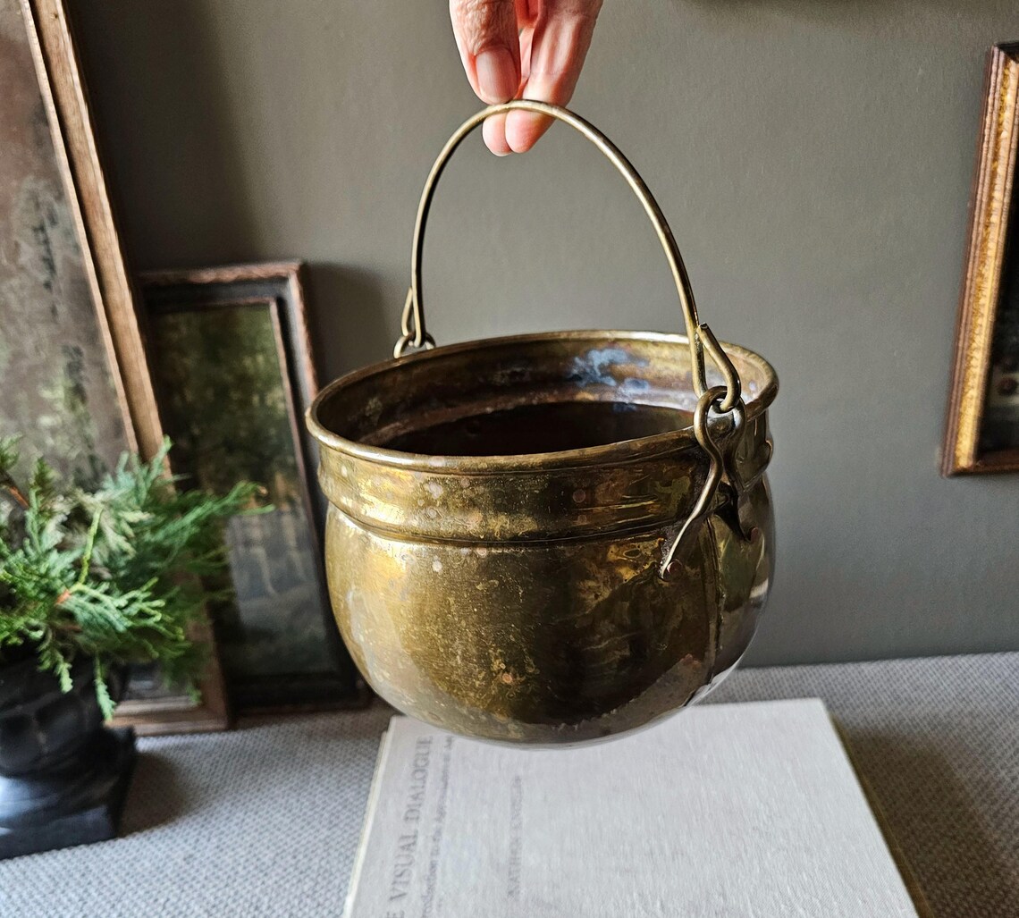 Vintage Brass Cauldron Handled Pot Old and Worn Etsy