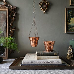 May include: Two hammered copper planters with metallic chains. One planter hangs from a ceiling hook, while the other rests on a stack of books. The planters feature a textured, dimpled surface and a warm, metallic finish, providing a distinct contrast to the dark, neutral background and the surrounding framed artwork.