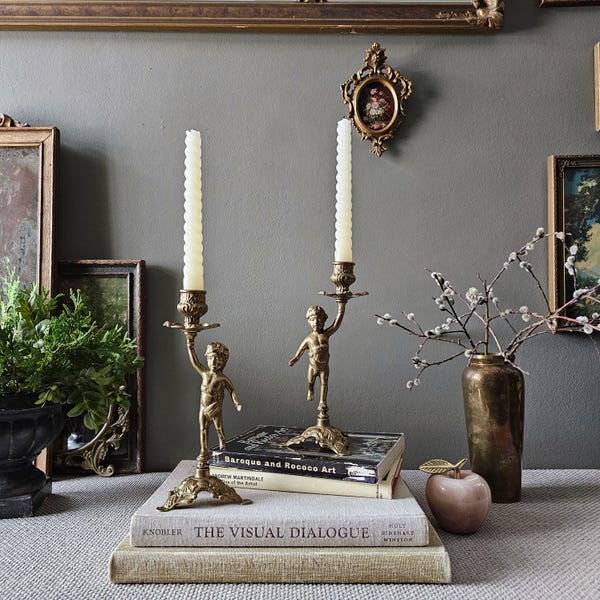 Vintage brass cherub candlestick ornate Italian Hollywood Regency candle holder