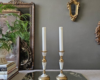 pair of vintage brass classic tall gold and mother of pearl candlesticks candle holders