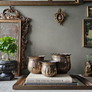 May include: Three metallic planters with a brass-toned finish and scalloped rims, each featuring a decorative twisted cord detail with small spherical accents. The planters are arranged in a cluster on top of two stacked hardcover books.