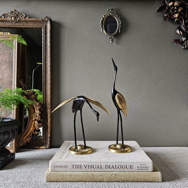 vintage brass and black cranes heron statues tall bird art sculpture deco