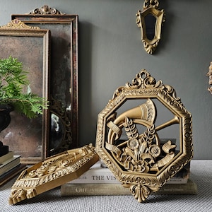 vintage Homco Hollywood Regency gold ornate floral musical instruments hexagon wall hanging art plaques