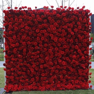 5D Luxury Red Rose Wedding Flower wall,Roll Up Cloth Fabric Scarlet Red Rose Flower Wall For Wedding Backdrop Bridal Shower Party Home Decor