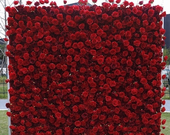 5D Luxury Red Rose Wedding Flower wall,Roll Up Cloth Fabric Scarlet Red Rose Flower Wall For Wedding Backdrop Bridal Shower Party Home Decor