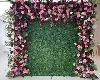 Burgundy Pink Rose Box Wood Wedding Flower wall,5D Roll Up Cloth Fabric Greenery Flower Wall For Wedding Backdrop Bridal Shower Party Decor
