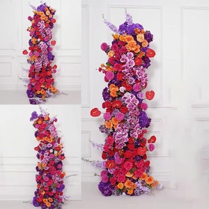 Paars oranje rode roos orchidee bruiloft pijler bloem, bloem boog bruiloft achtergrond hoorn boog bloemstuk partij decor prieel bloem