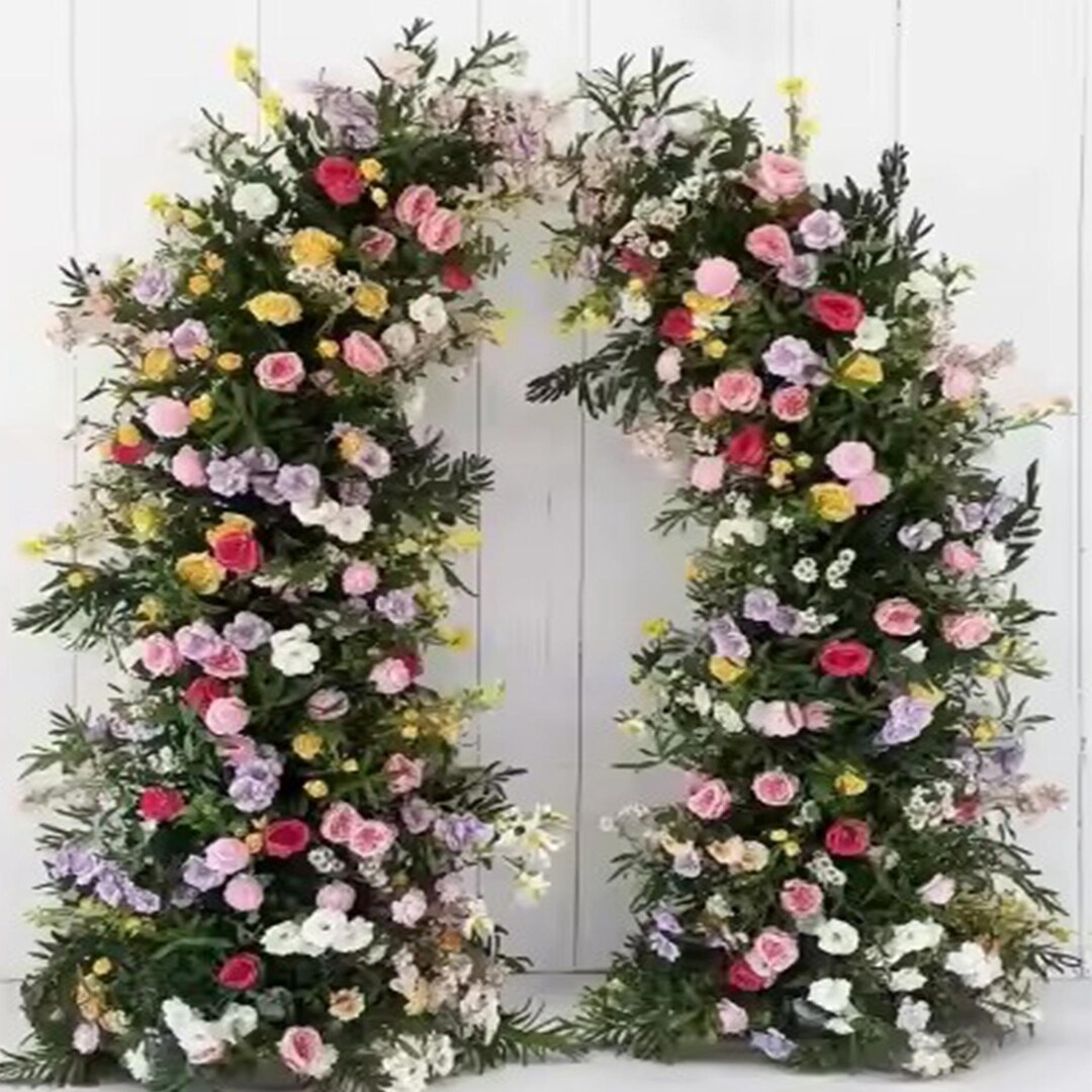 Greenery Pink Purple Yellow Rose Flowers Arrangement Horn Arch Decor ...