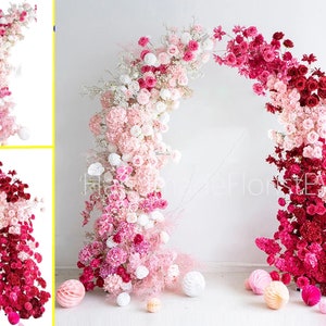 Wedding Pillar Flower,Hot Pink Rose Artificial Flower Row Runner Wedding backdrop Horn Arch Floral Arrangement Party Stage Baby Shower Decor