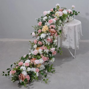 Blush White Flower Garland,Flower Runner,Wedding Reception Table Flower Runner,Artificial Flower Row Arrangement Decor,Wedding Centerpieses