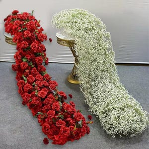 Red Rose Table Flower Runners,Babysbreath Flower Garland Arch Wedding Reception,Table Flower Row,Party Home Xmas Decor,Wedding Aisle Runners
