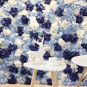 Custom White Indigo Blue Artificial flower Wall Photo Backdrop,Floral Panels For Wedding/Party Event/Home/Shop Celebration Flower Wall Decor