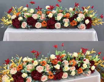 Burgundy Burnt Orange Wedding Arch Flower Row,Fall Wedding Flower Garland,Table Flower Runner for Wedding Backdrop Party Engagement Decor