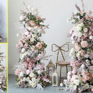 Boho Flower Arch,Pink Blush Rose Wedding Pillar Flowers,Flower Row Wedding backdrop Horn Arch Floral Arrangement Party Decor Arbour Flowers