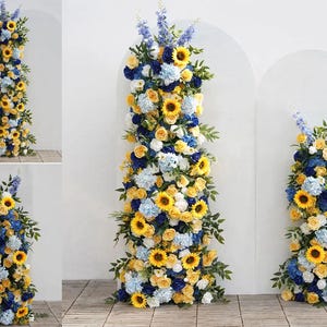 Sunflower Yellow Royal Blue White Flower Row Wedding backdrop Horn Arch Floral Runner Arrangement Party Event Decor,Wedding Pillars Flower