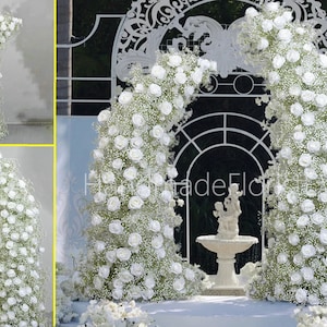 White Baby breath Rose Wedding Pillar Flower,Artificial Flower Row Wedding backdrop Horn Arch Floral Arrangement Party Decor Arbour Flowers